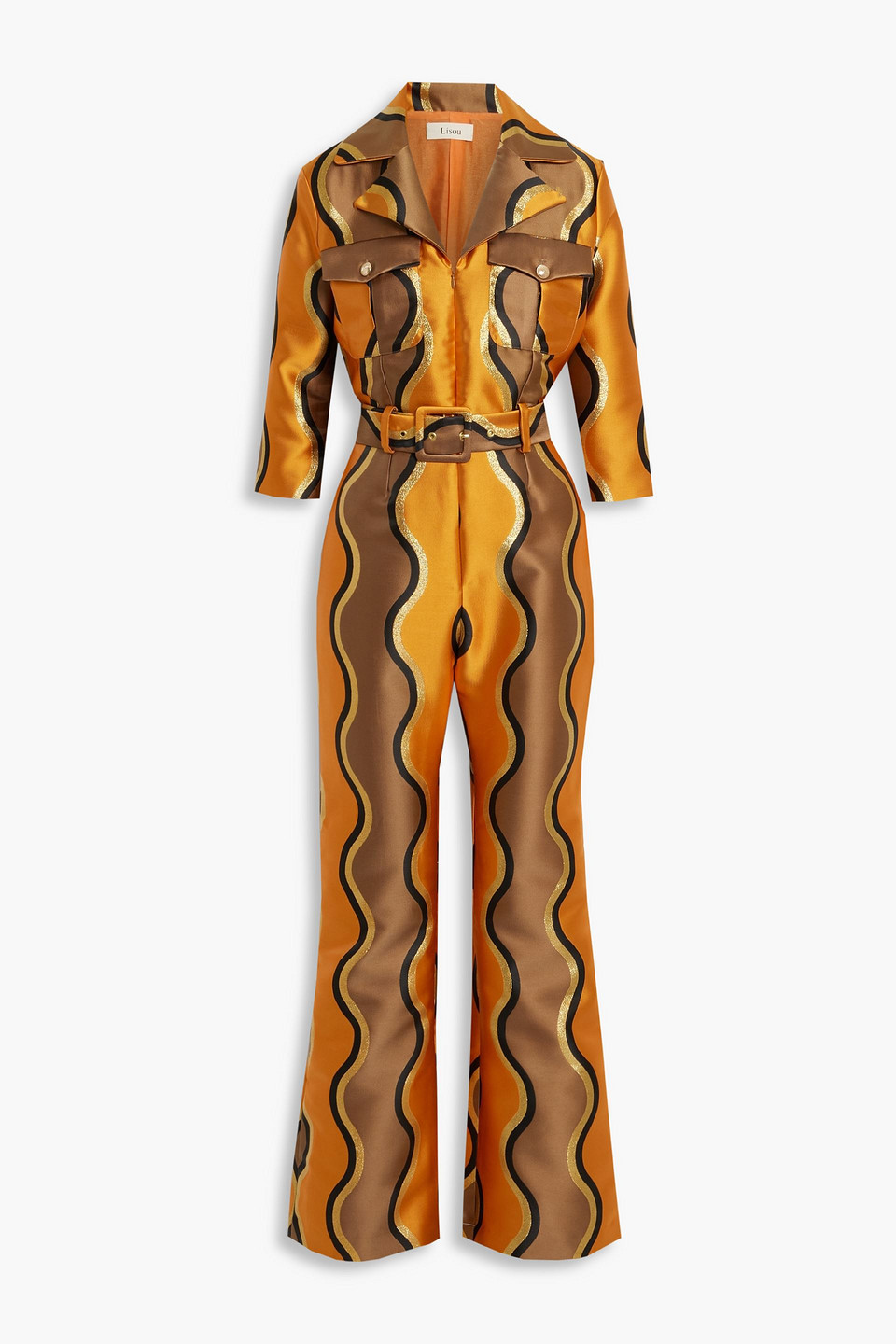 Lisou Jade Belted Metallic Jacquard Wide-leg Jumpsuit In Orange