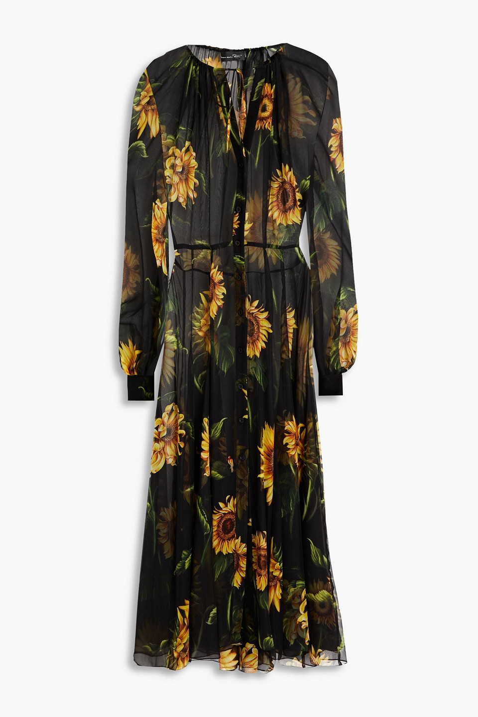 Oscar De La Renta Gathered Floral-print Silk-voile Midi Dress In Black