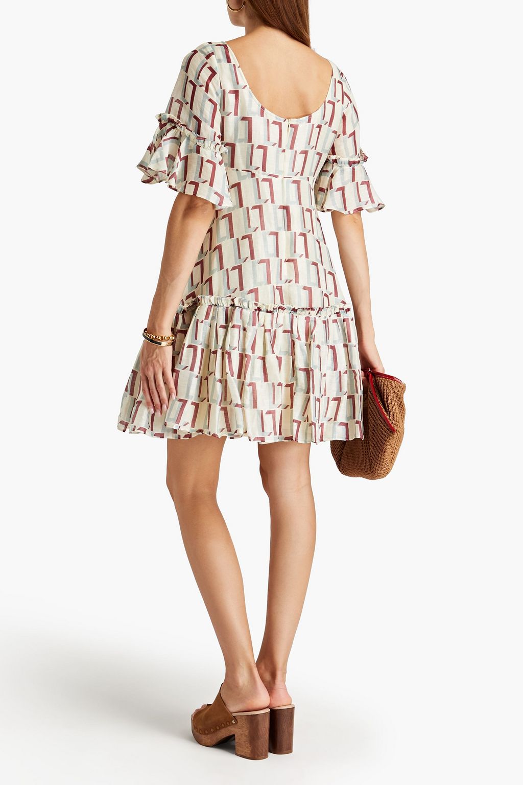 LEO LIN Printed slub linen and silk-blend mini dress