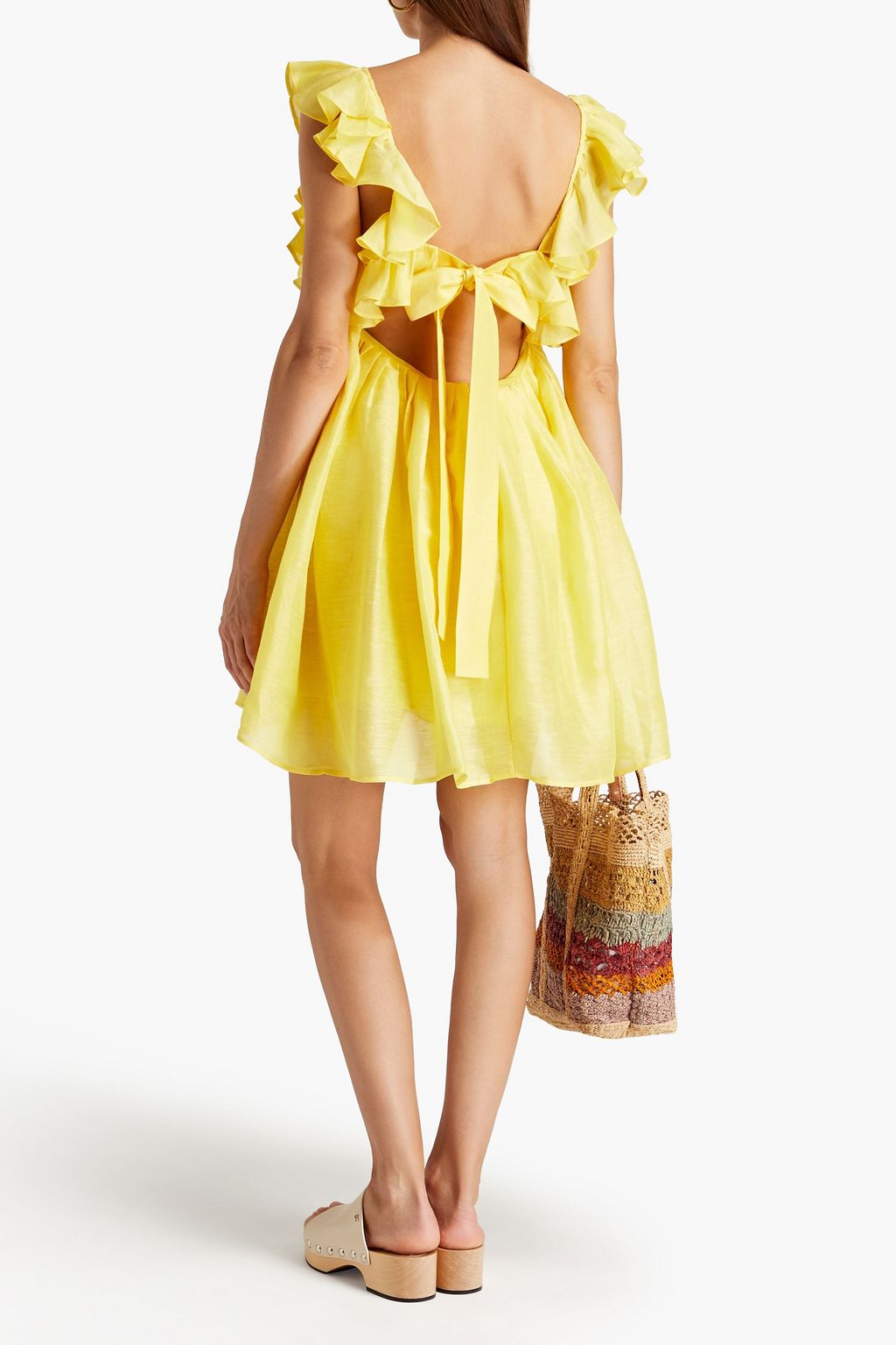 LEO LIN Cutout ruffled slub linen and silk-blend mini dress