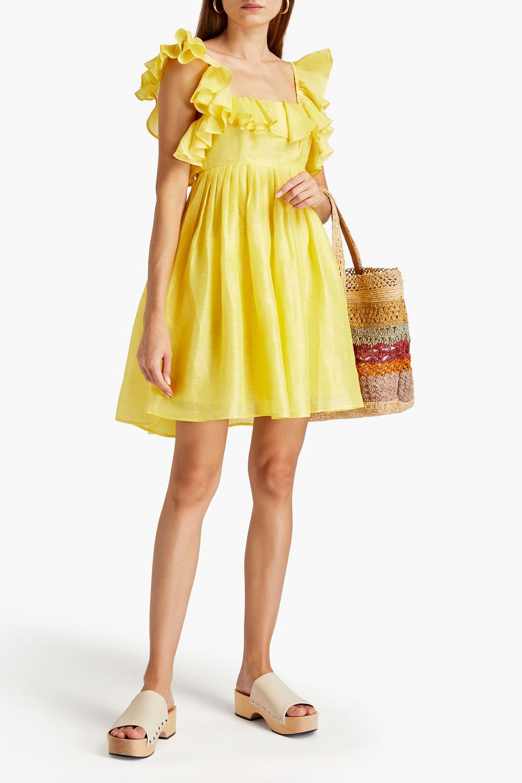 LEO LIN Cutout ruffled slub linen and silk-blend mini dress