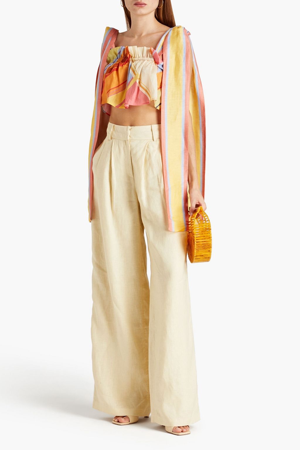 LEO LIN Cropped striped linen and silk-blend top