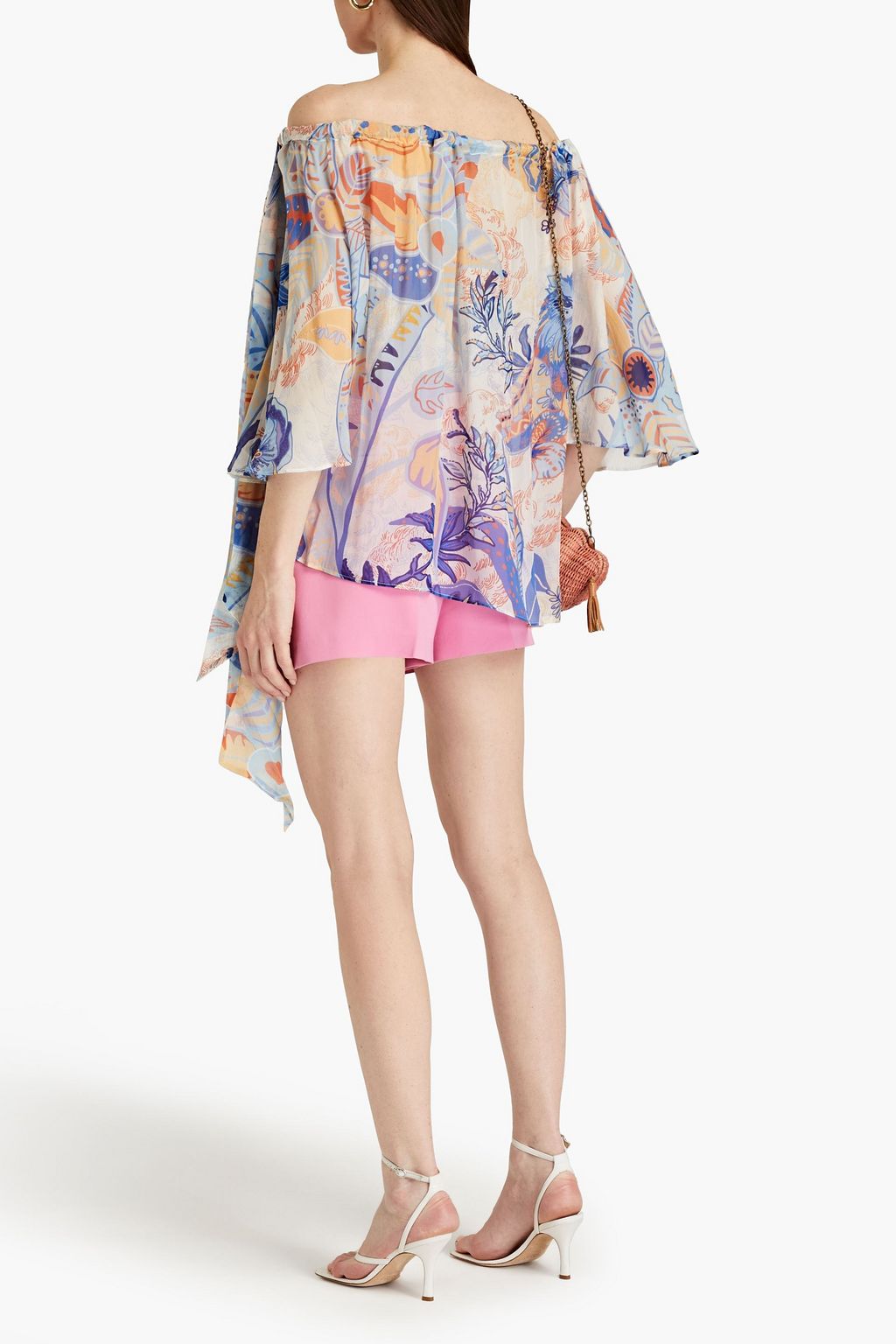 LEO LIN Off-the-shoulder gathered printed silk-chiffon top