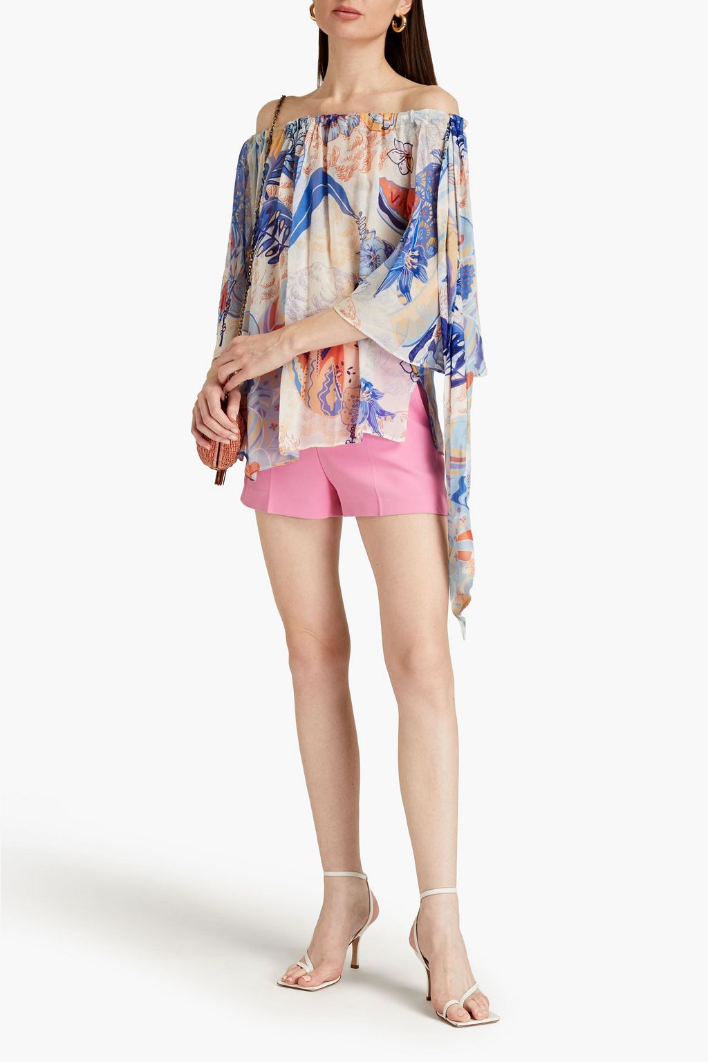 LEO LIN Off-the-shoulder gathered printed silk-chiffon top