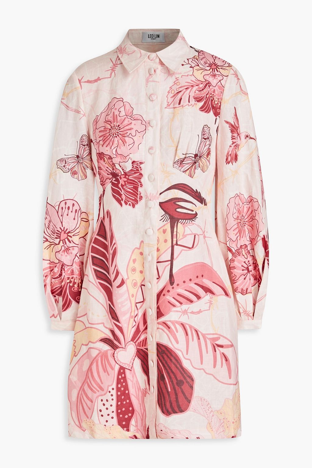 リネン ミニシャツワンピース プリント入り