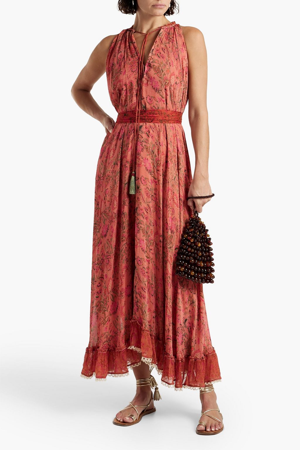HEMANT & NANDITA Nora belted floral-print chiffon midi dress