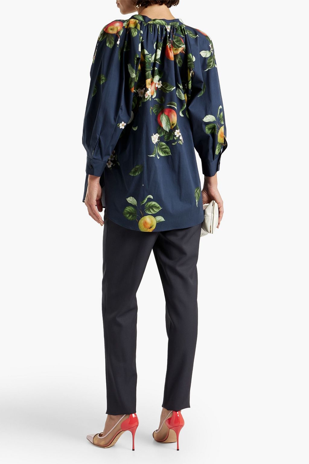 OSCAR DE LA RENTA Gathered printed cotton-blend poplin blouse