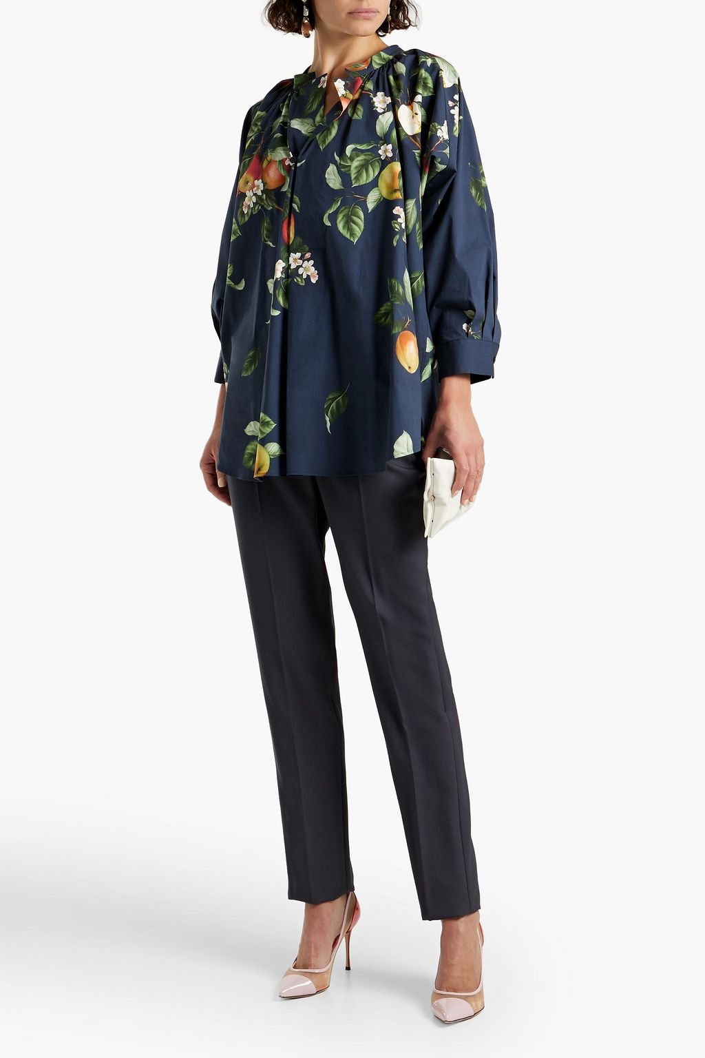 OSCAR DE LA RENTA Gathered printed cotton-blend poplin blouse