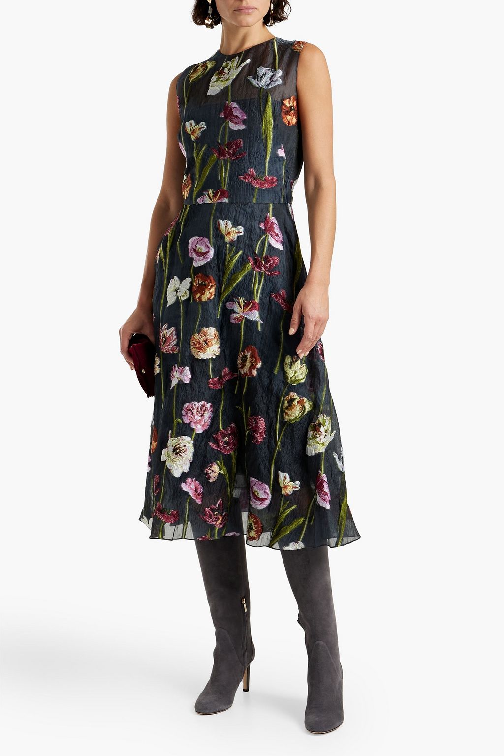 OSCAR DE LA RENTA Floral-design fil coupé crepon midi dress