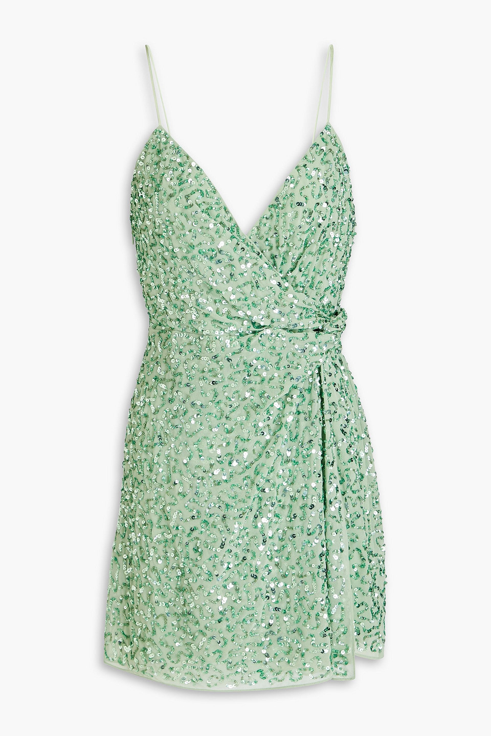 Shop Alice And Olivia Celestine Wrap-effect Embellished Chiffon Mini Dress In Sage Green