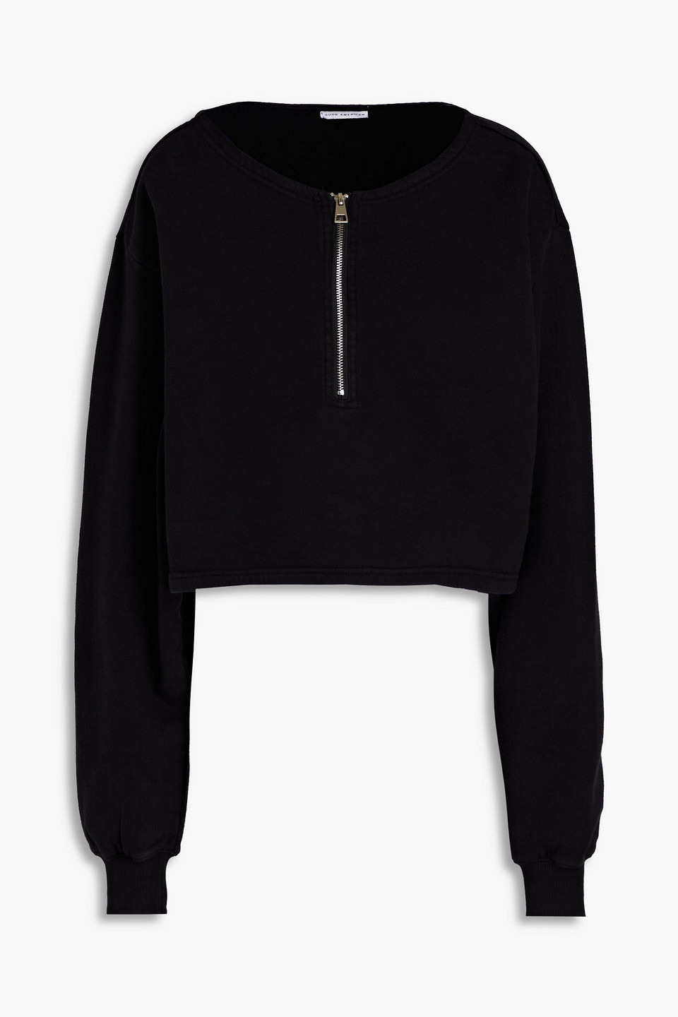 Good American Cropped Cotton-fleece Half-zip Sweatshirt In Black