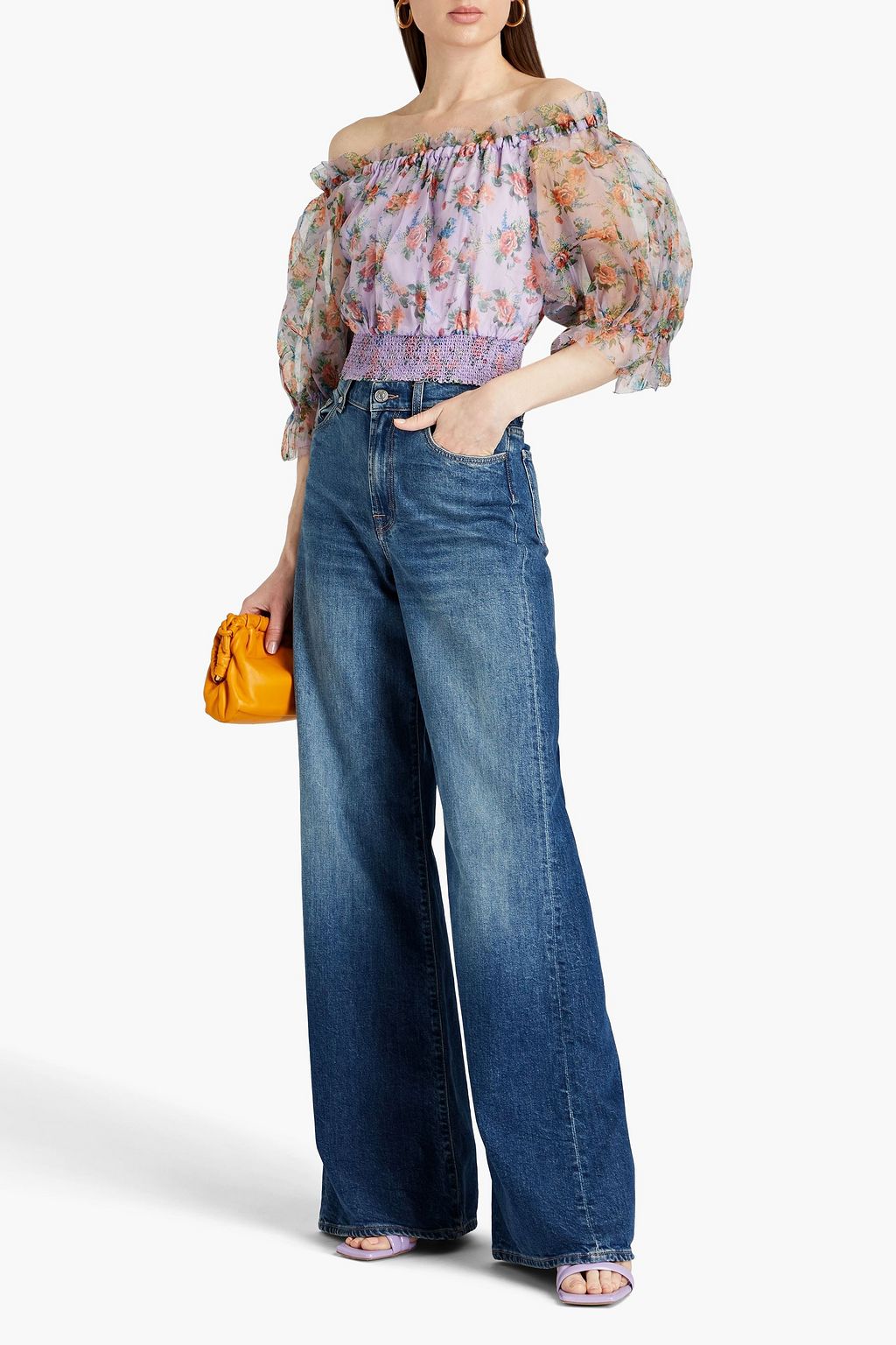 ALICE + OLIVIA Caprina off-the-shoulder smocked floral-print silk-organza top