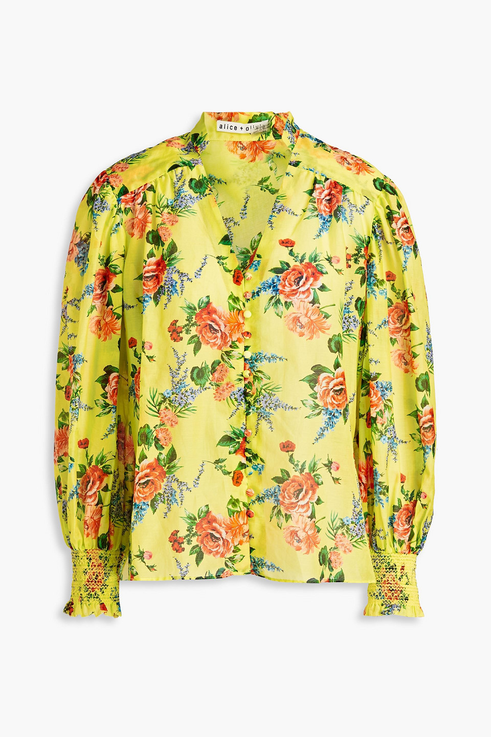 Alice And Olivia Serena Smocked Floral-print Cotton And Silk-blend Blouse In Bright Yellow