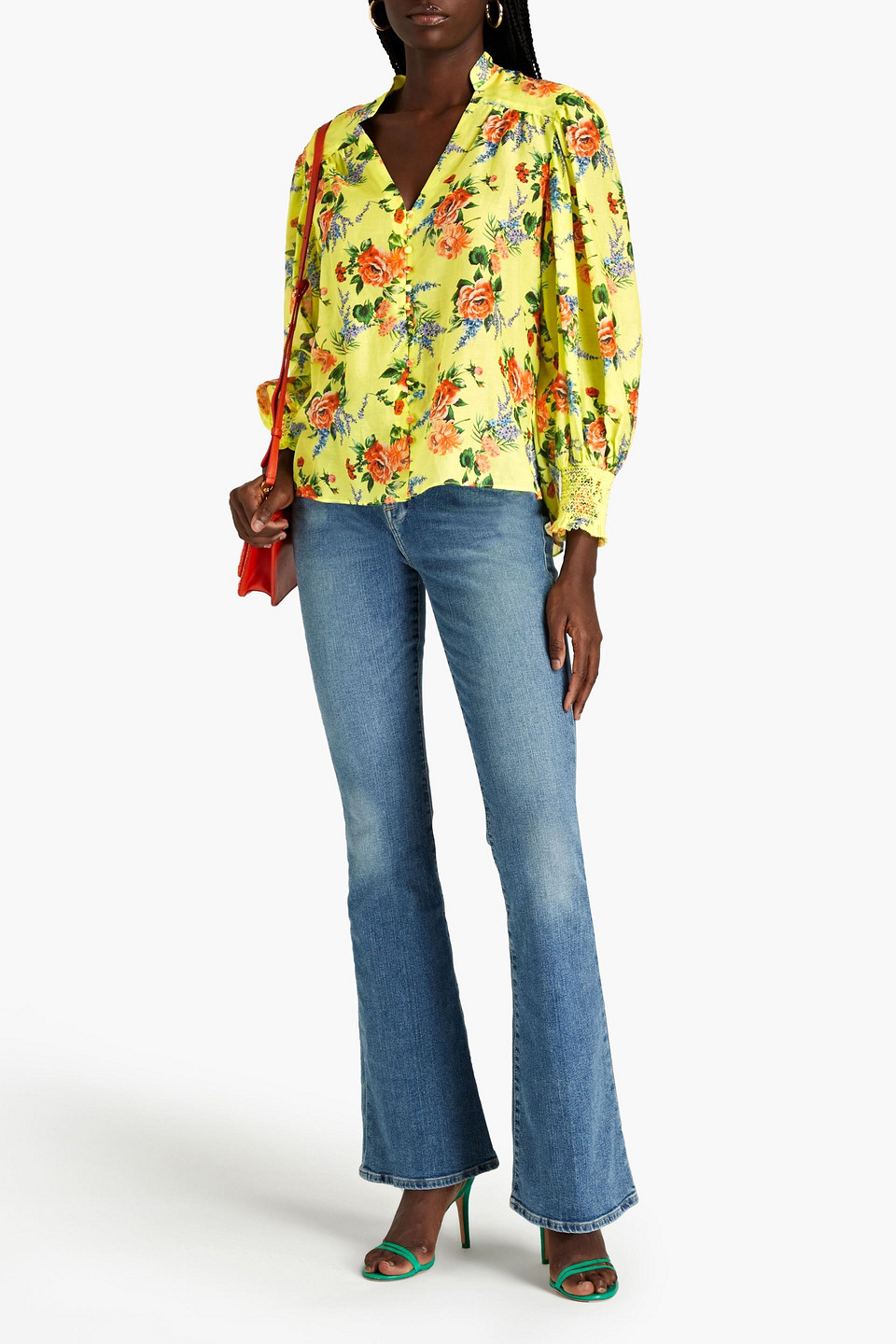 Alice And Olivia Serena Smocked Floral-print Cotton And Silk-blend Blouse In Bright Yellow