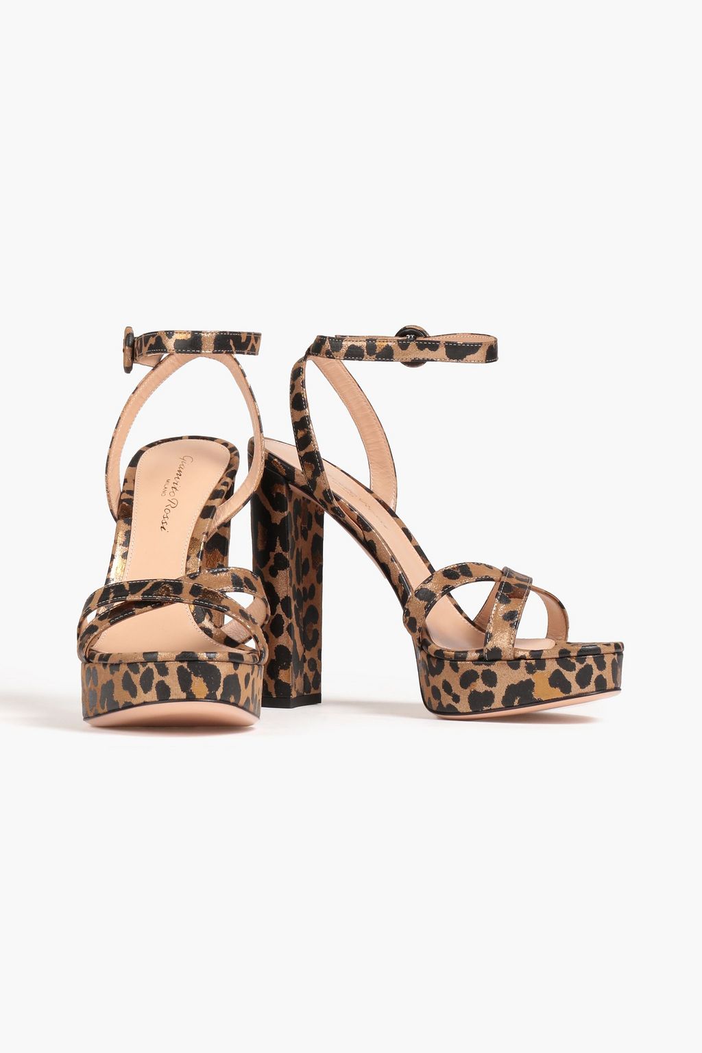 GIANVITO ROSSI Poppy 레오파드 프린트 메탈릭 가죽 플랫폼 샌들