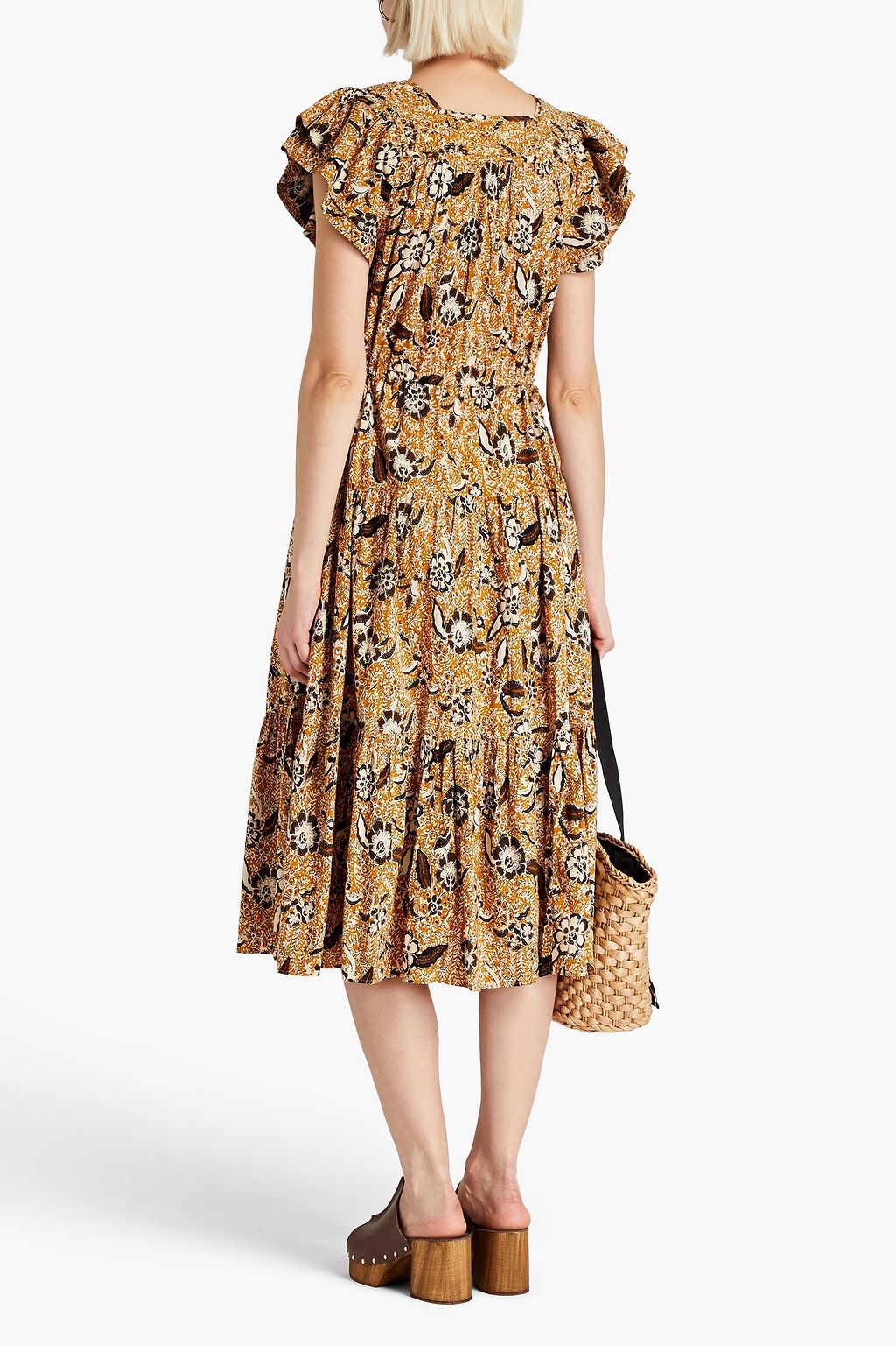 ULLA JOHNSON コットン混 ミディワンピース ギャザー入り フローラルプリント