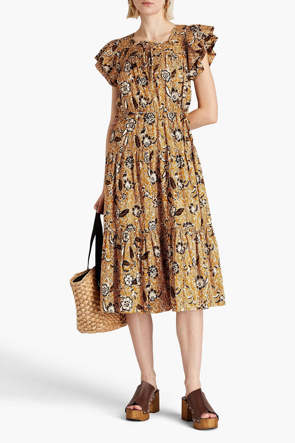 ULLA JOHNSON コットン混 ミディワンピース ギャザー入り フローラルプリント
