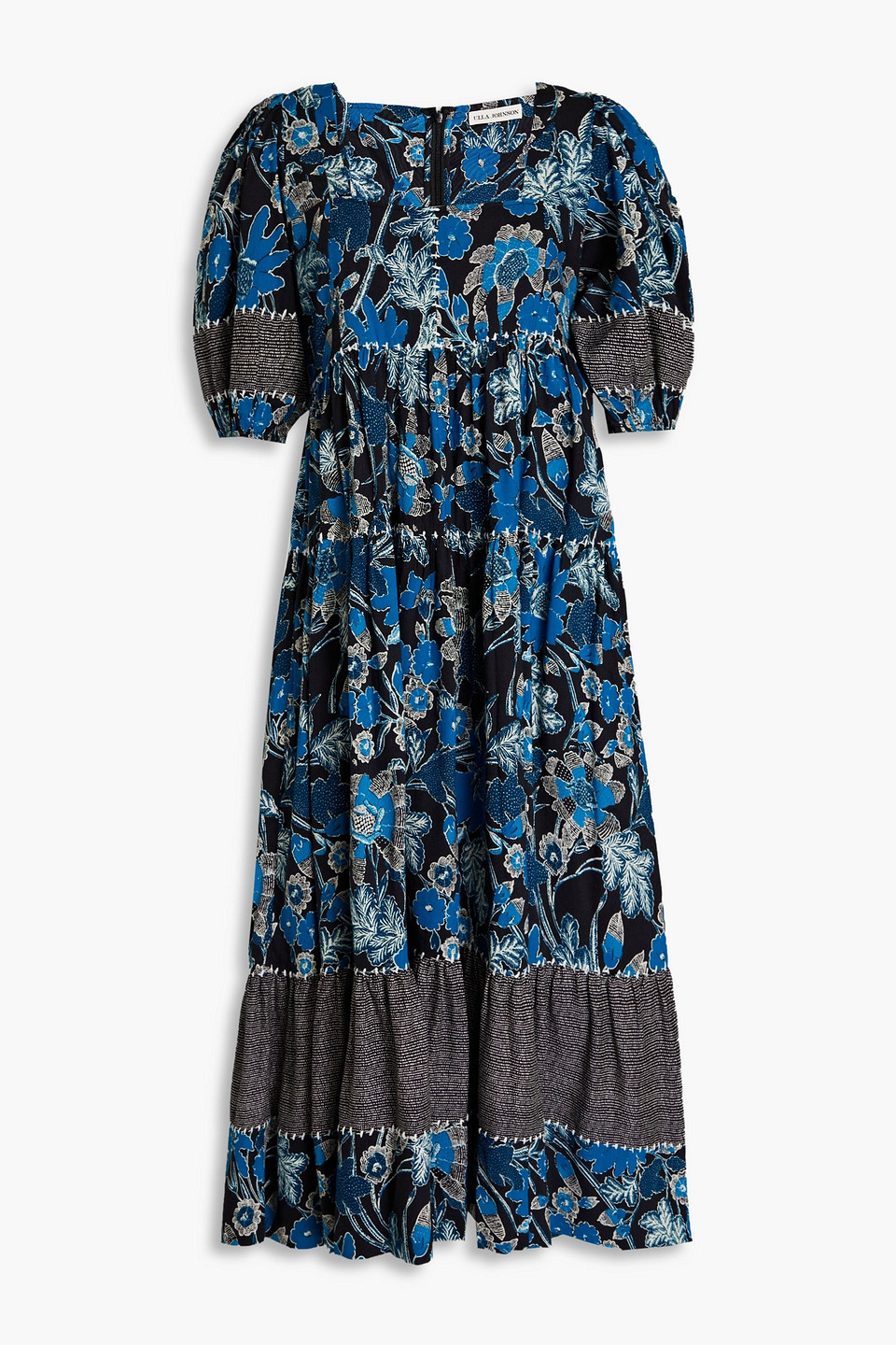 Ulla Johnson Nora Gathered Floral-print Cotton-blend Midi Dress In Bright Blue