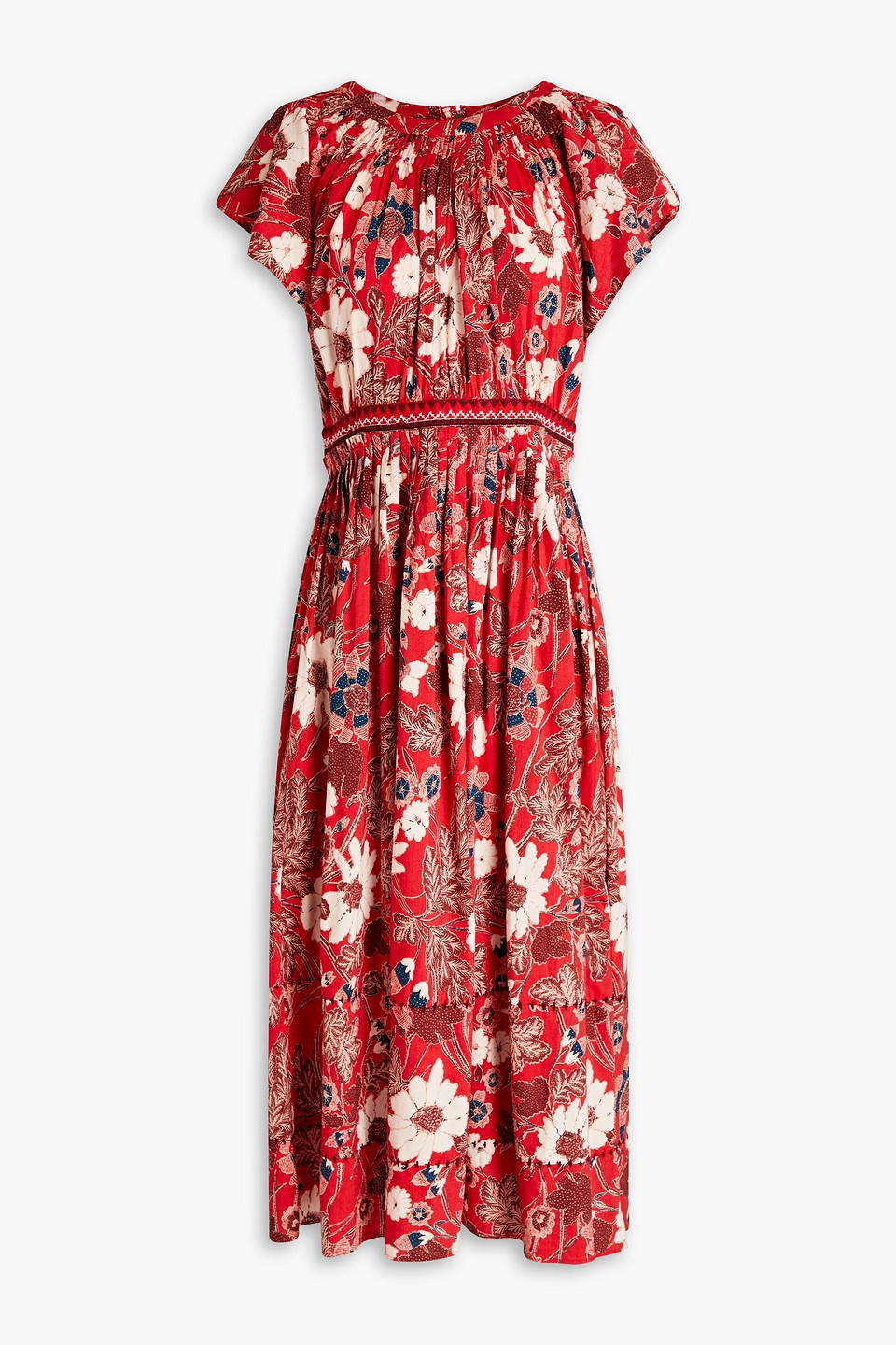 Ulla Johnson Lottie Pleated Floral-print Cotton-blend Midi Dress In Red