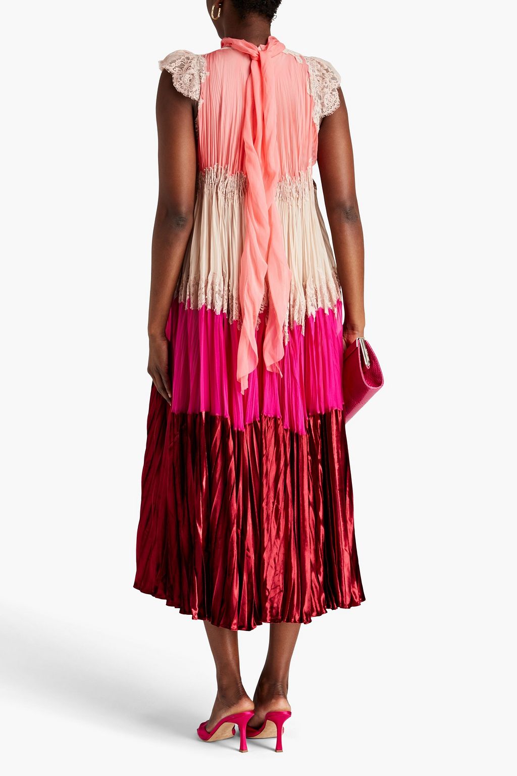 VALENTINO GARAVANI Tie-neck chiffon, velvet and lace midi dress