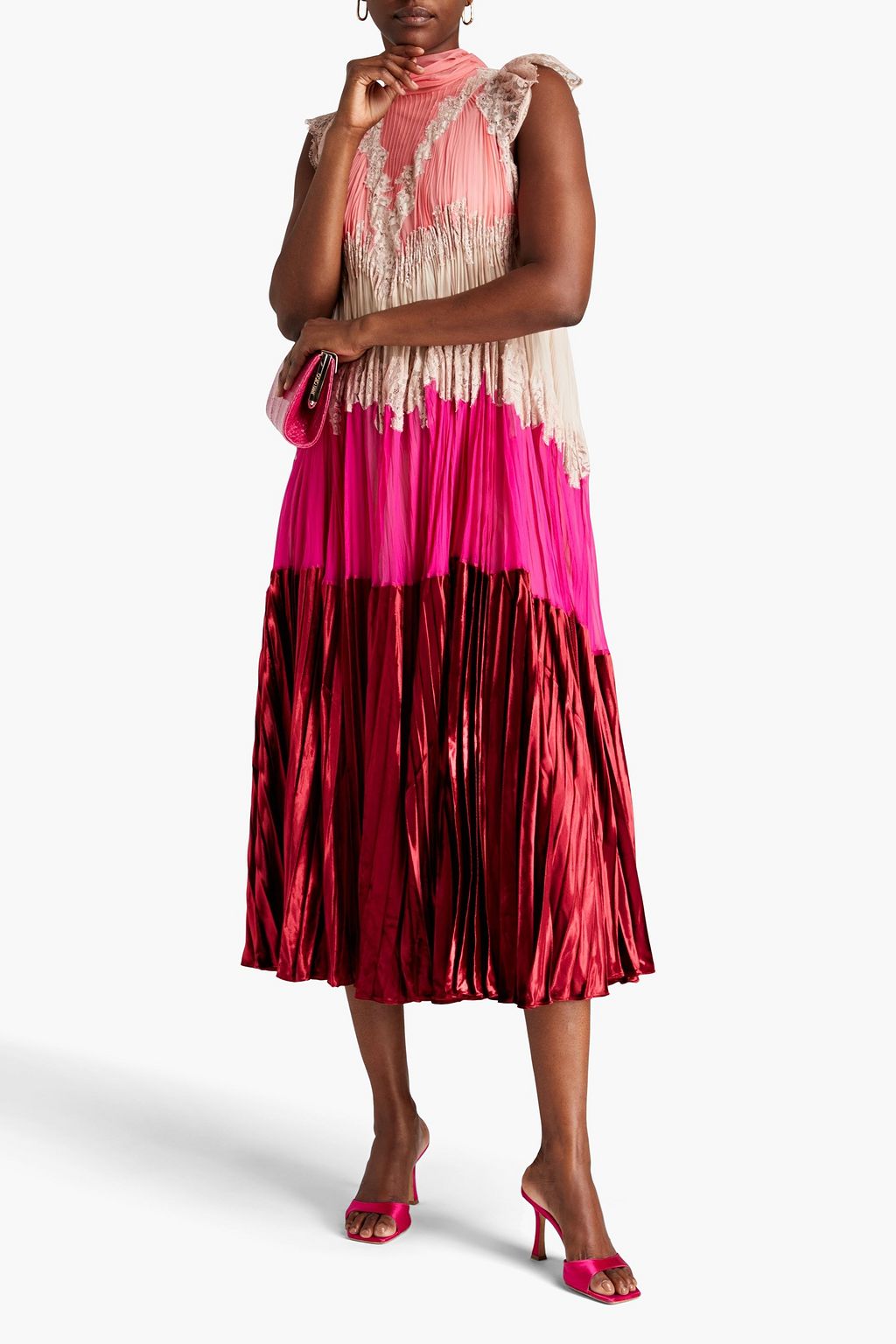 VALENTINO GARAVANI Tie-neck chiffon, velvet and lace midi dress