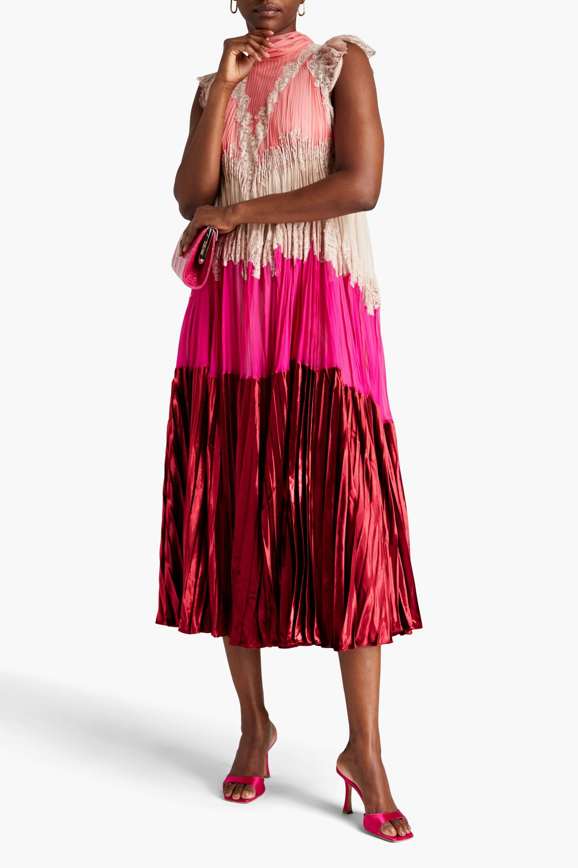 Valentino Garavani Tie-neck chiffon, velvet and lace midi dress