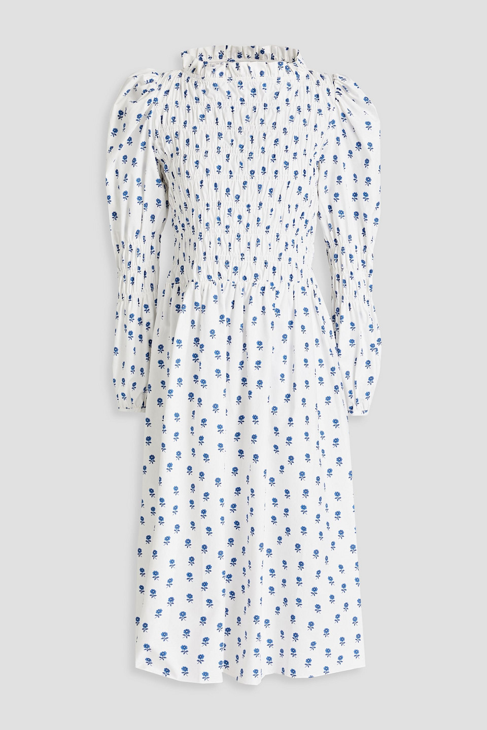 Shrimps Marina Shirred Floral-print Cotton-poplin Midi Dress In White