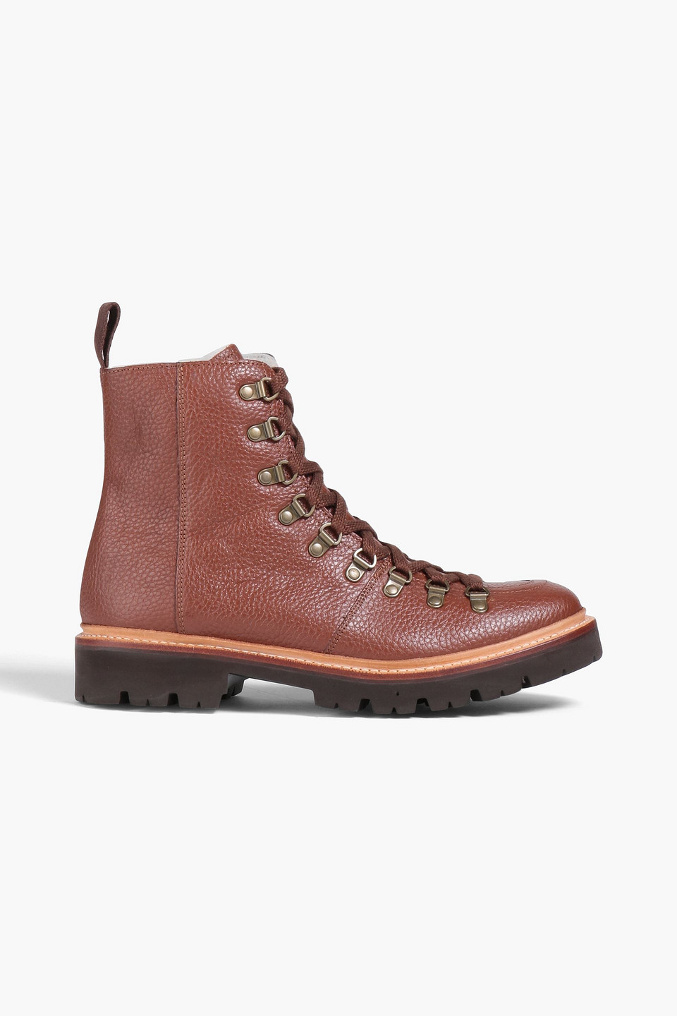 Grenson Nanette Shearling-lined Pebbled-leather Combat Boots In Brick