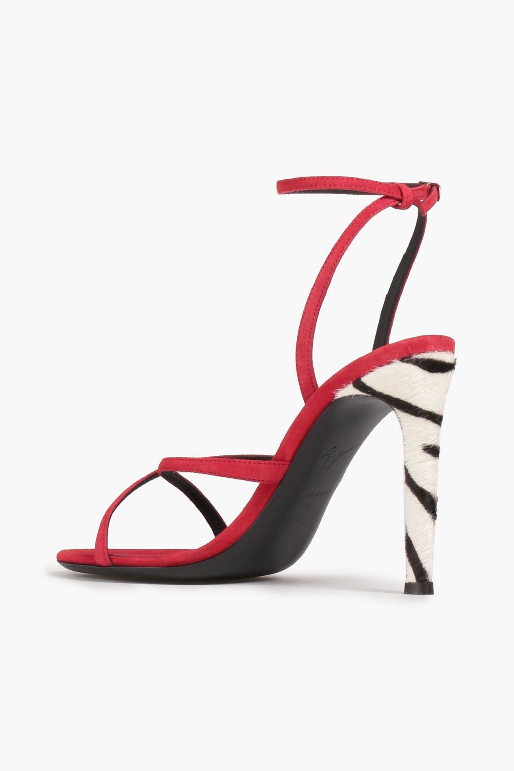 GIUSEPPE ZANOTTI صندل ’بيزيك’ من الجلد السويدي وشعر العجل وبنقشة جلد الحمار الوحشي وبكعب مقاس 105
