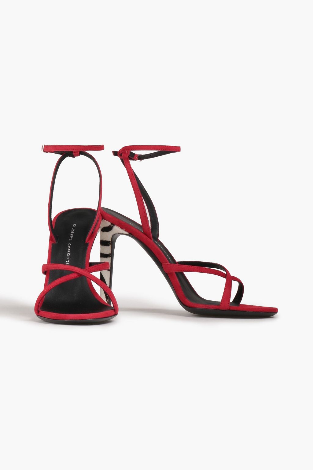 GIUSEPPE ZANOTTI صندل ’بيزيك’ من الجلد السويدي وشعر العجل وبنقشة جلد الحمار الوحشي وبكعب مقاس 105