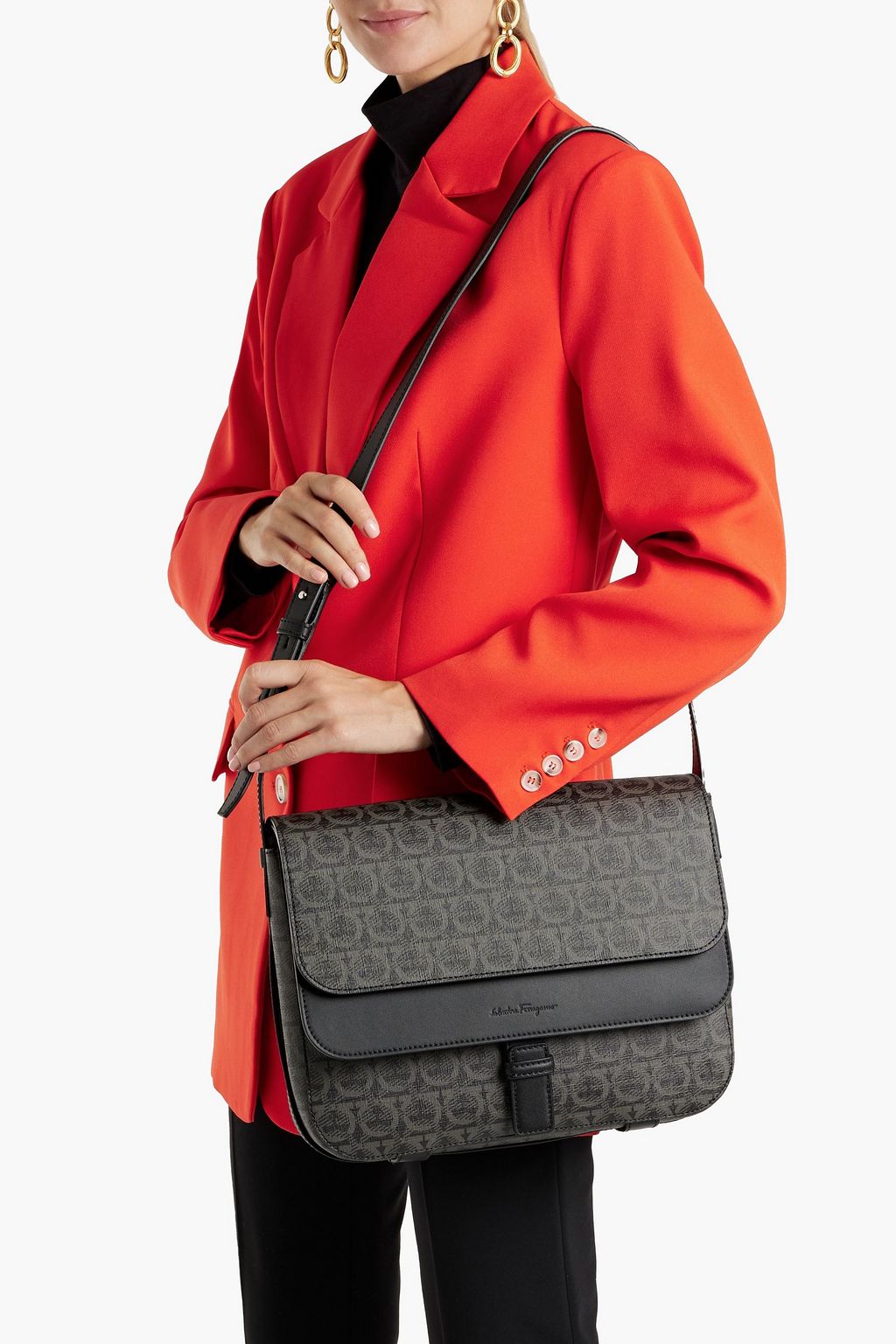 FERRAGAMO Leather-trimmed logo-print coated-canvas shoulder bag