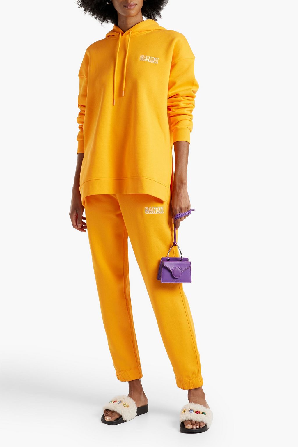 GANNI Embroidered organic cotton-fleece track pants