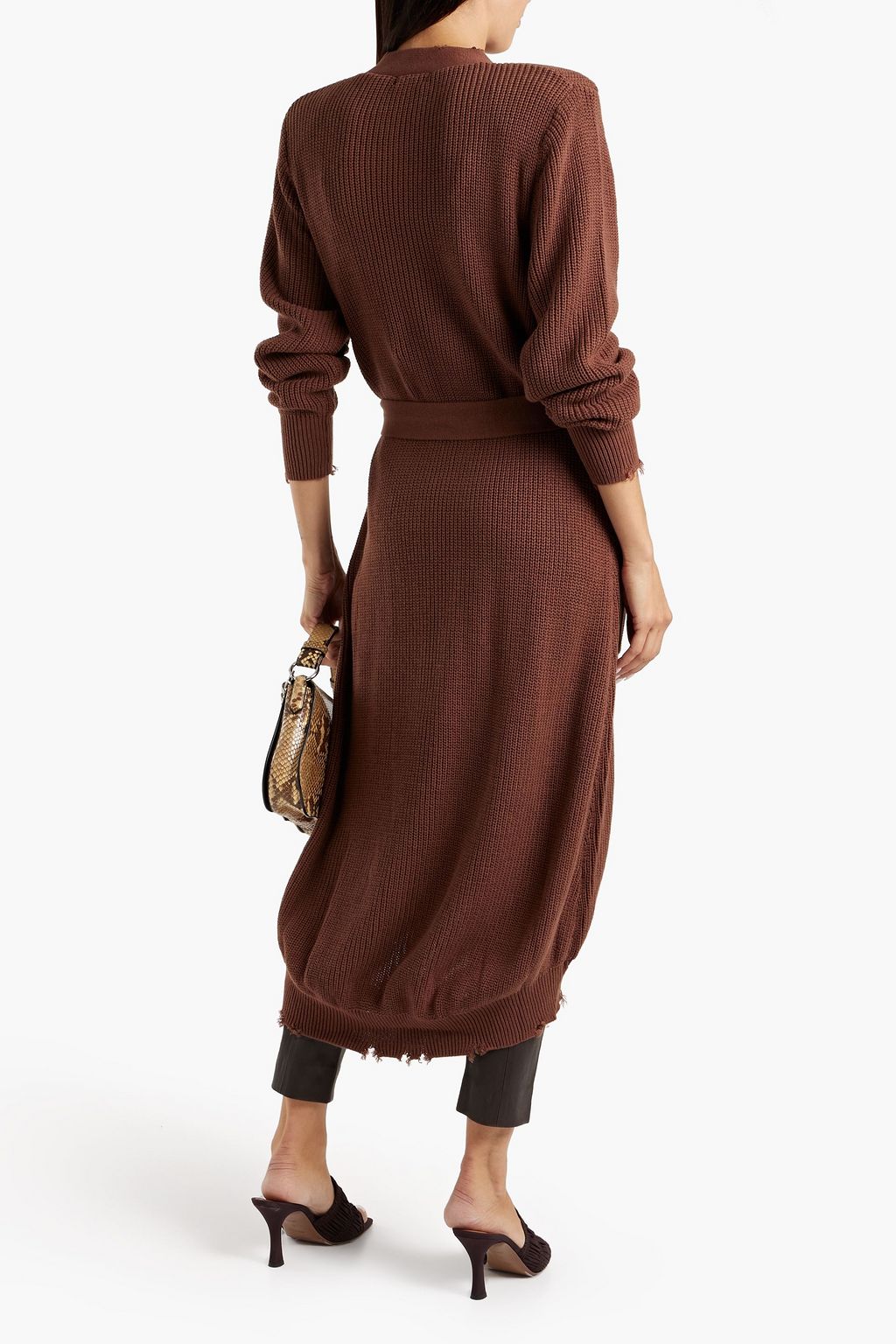 SER.O.YA Amanda belted distressed ribbed cotton cardigan