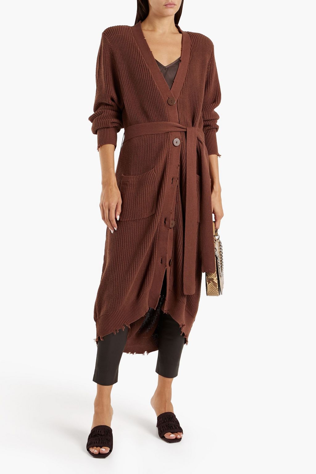 SER.O.YA Amanda belted distressed ribbed cotton cardigan