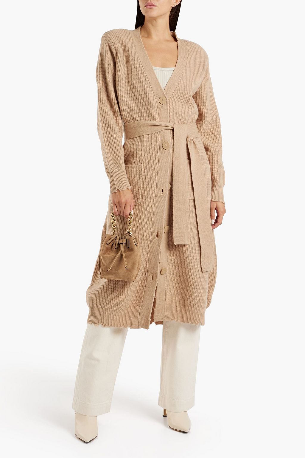 SER.O.YA Amanda belted distressed ribbed wool cardigan