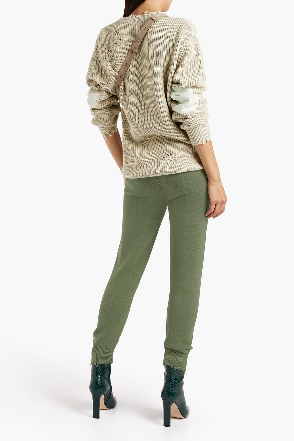 SER.O.YA Ida faux suede-trimmed distressed cotton track pants
