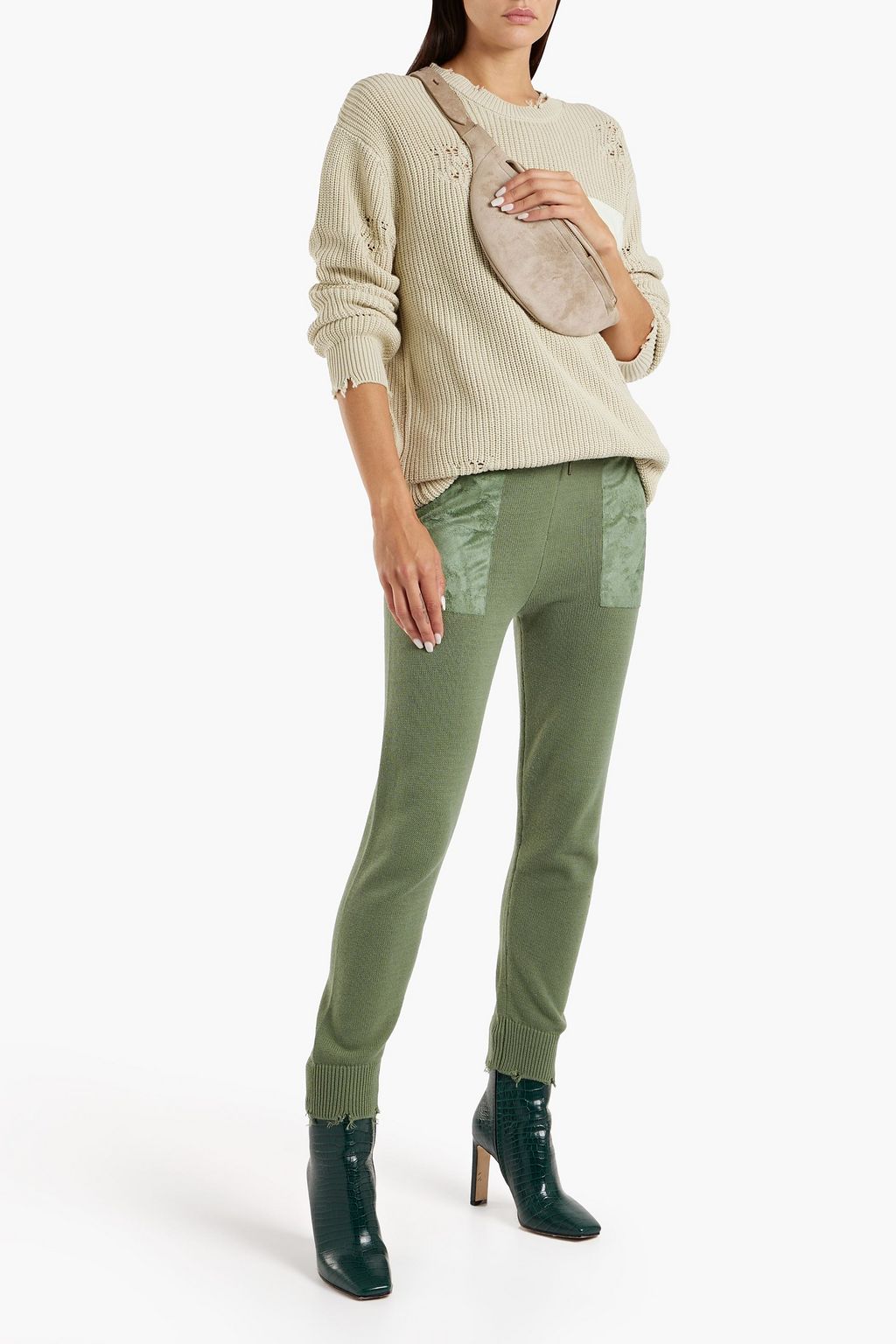 SER.O.YA Ida faux suede-trimmed distressed cotton track pants
