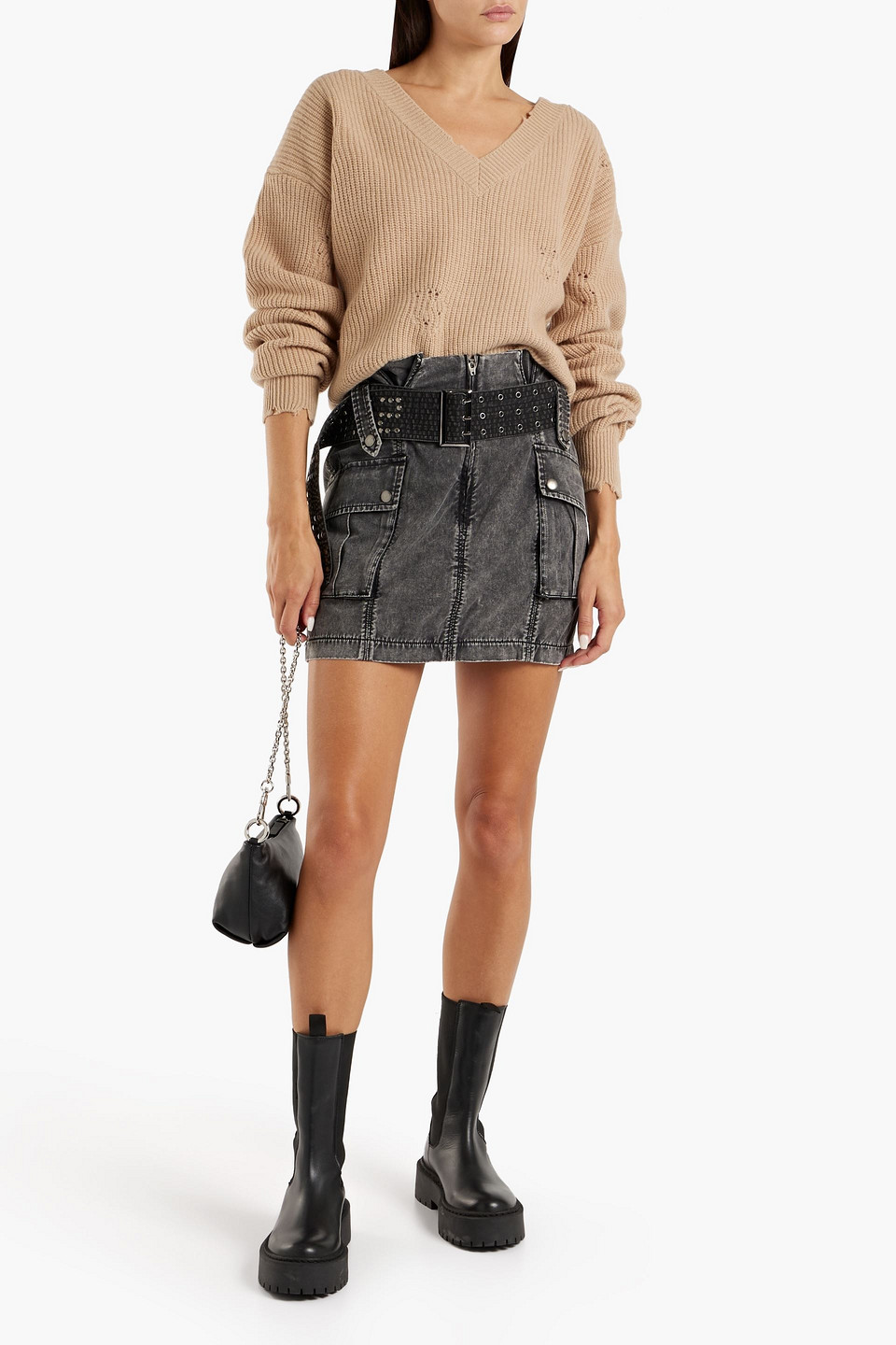 Shop Ser.o.ya Xi Belted Denim Mini Skirt In Charcoal