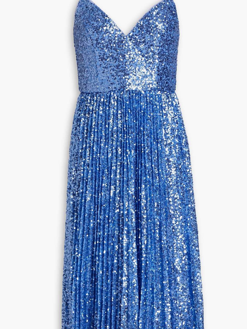pleated sequined tulle midi dress