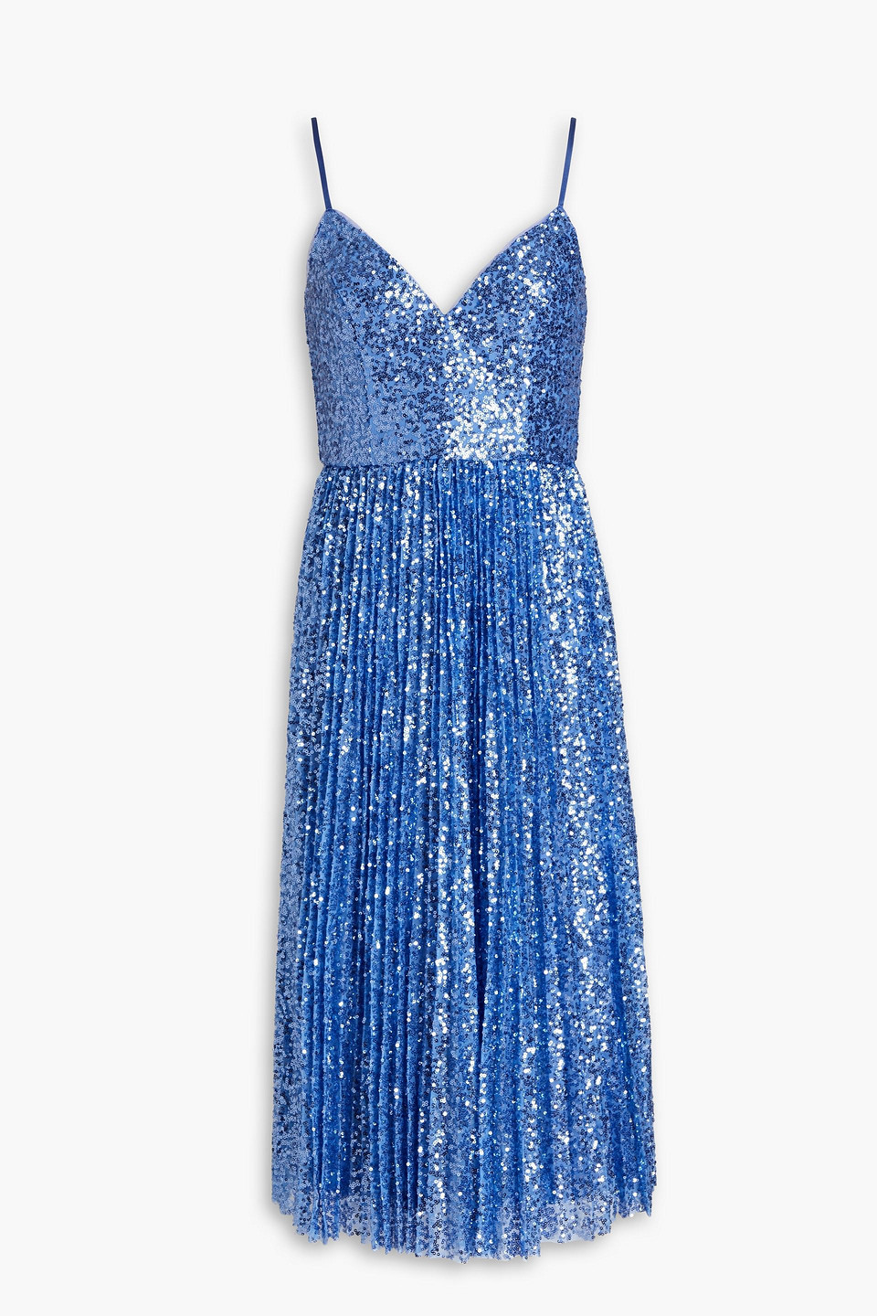 Shop Aidan Mattox Pleated Sequined Tulle Midi Dress In Blue