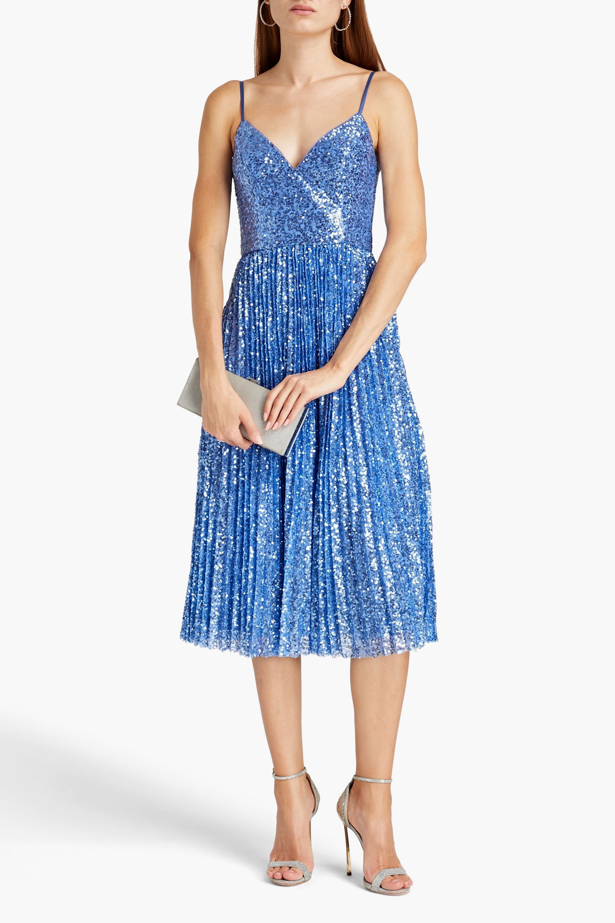 AIDAN MATTOX Pleated sequined tulle midi dress