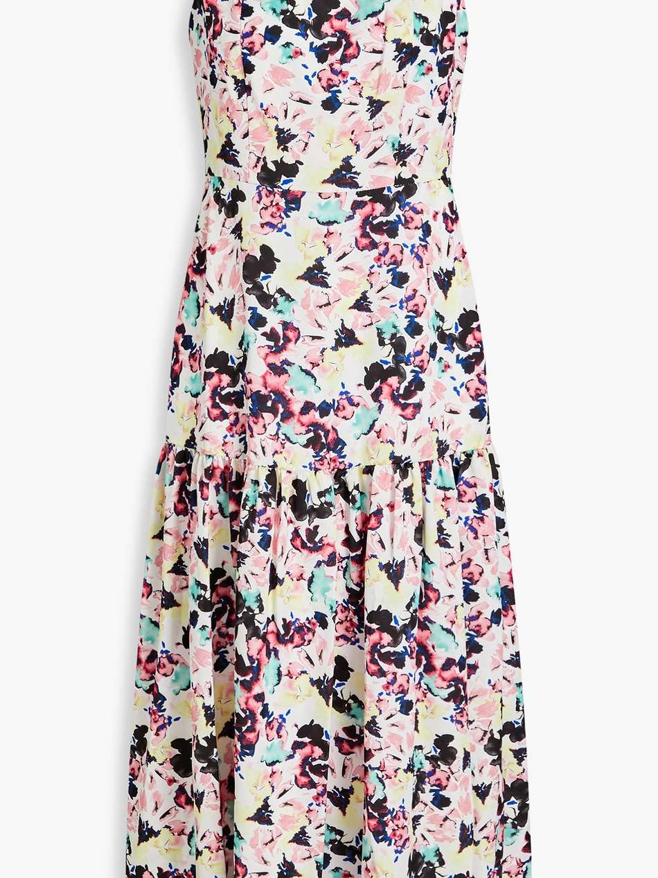 gathered printed satin-crepe midi dress