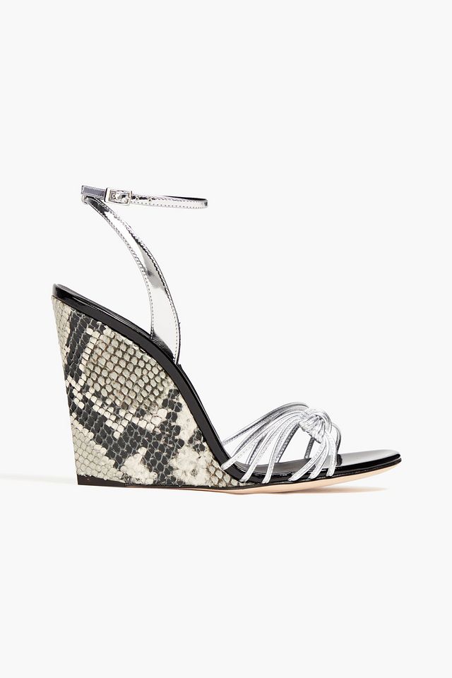 Ylenia metallic smooth and snake-effect leather wedge sandals