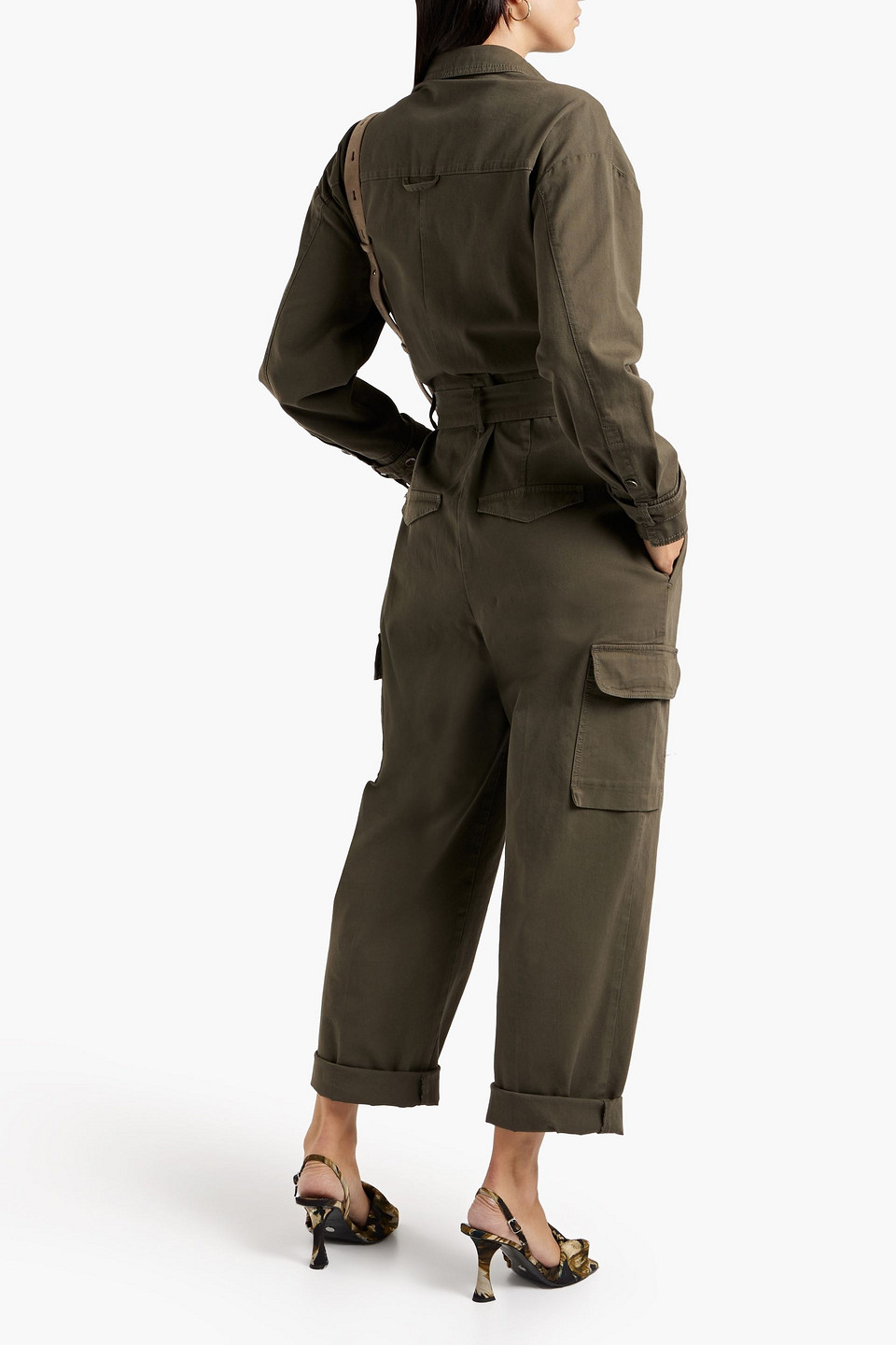 Shop Luisa Cerano Belted Pleated Cotton-blend Canvas Jumpsuit In Army Green