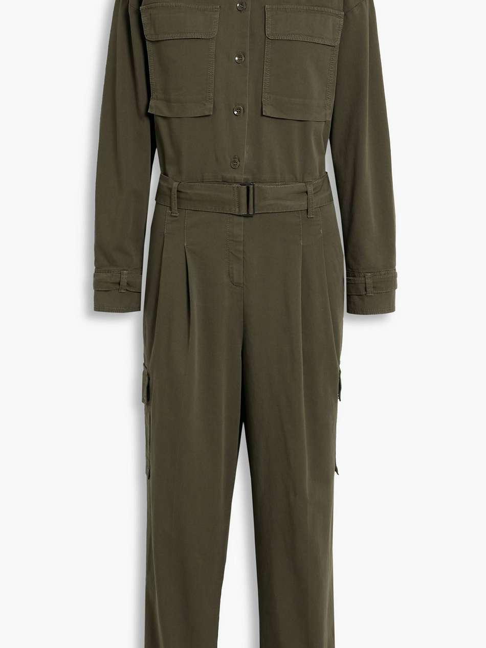 belted pleated cotton-blend canvas jumpsuit