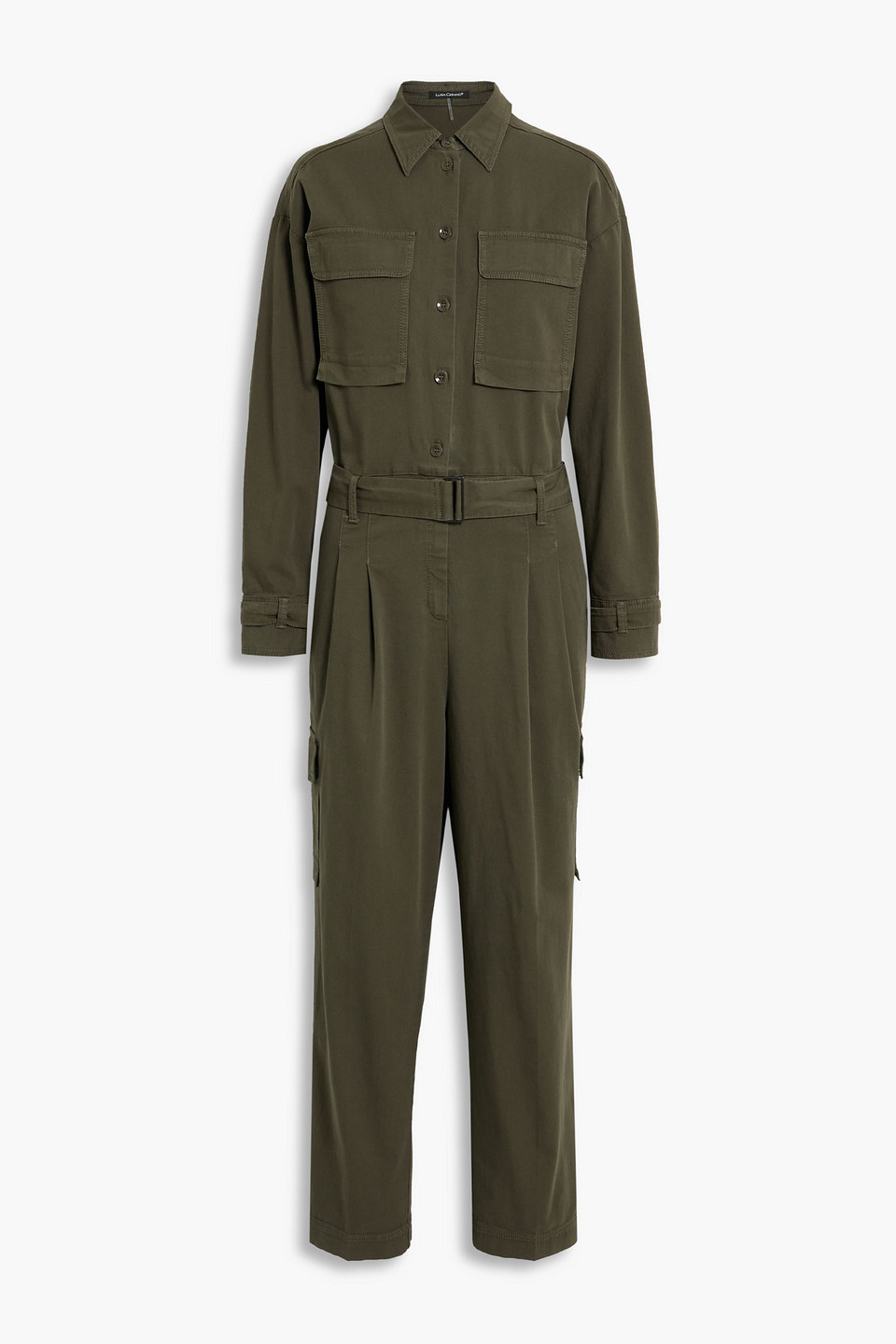 Belted pleated cotton-blend canvas jumpsuit