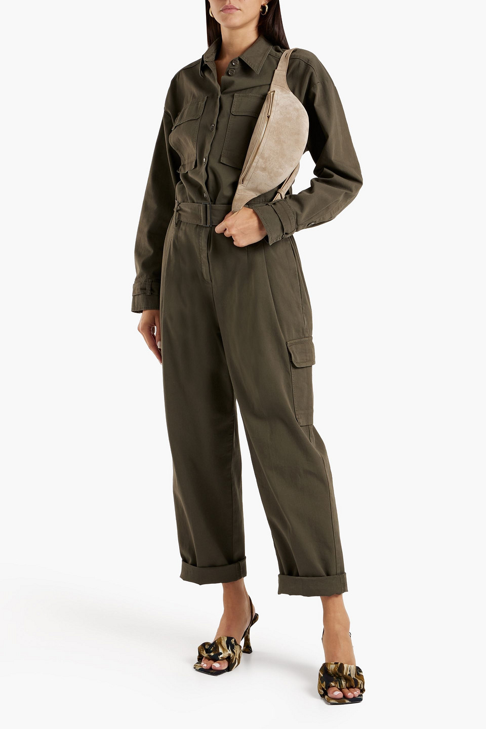 Shop Luisa Cerano Belted Pleated Cotton-blend Canvas Jumpsuit In Army Green