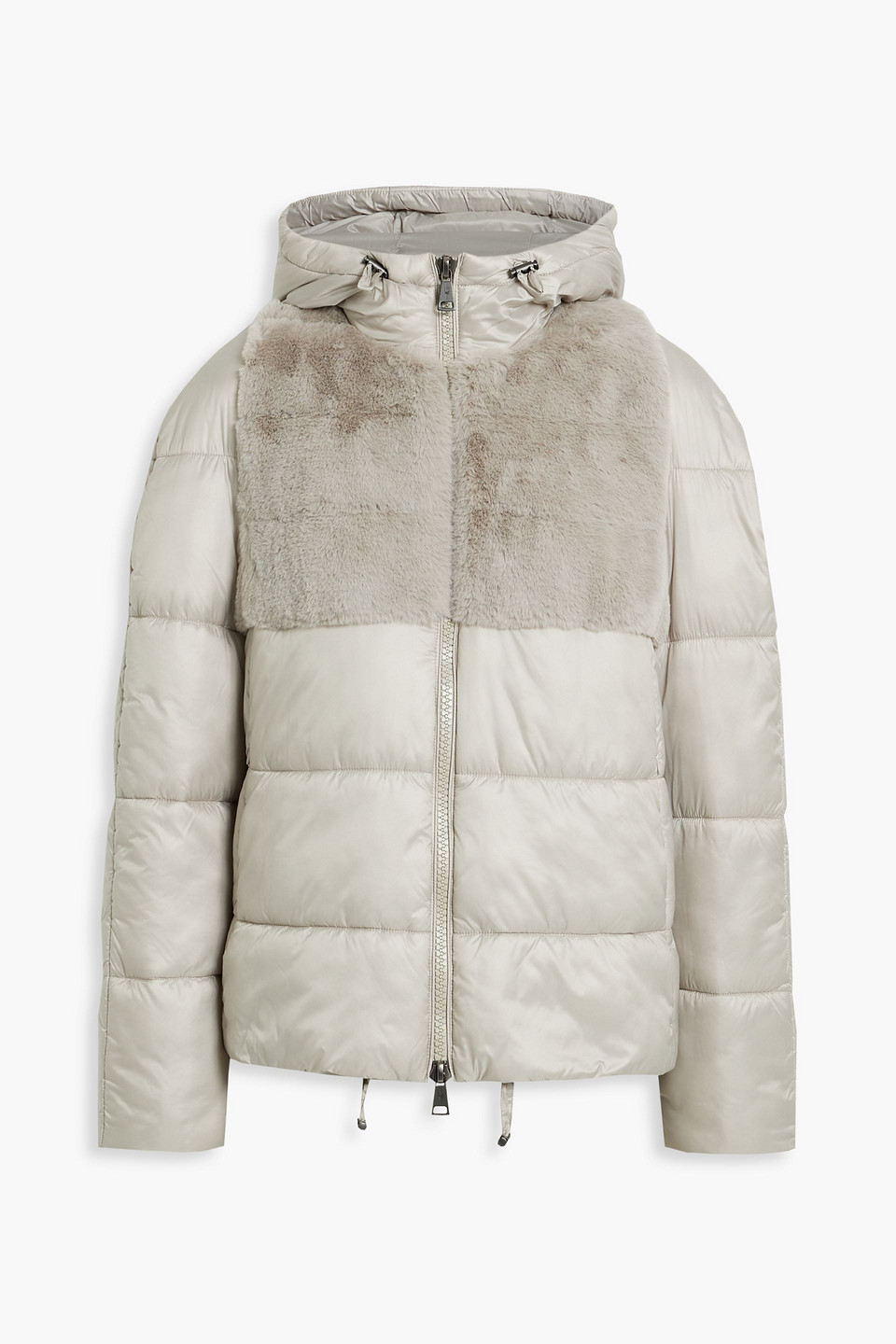 Faux fur-paneled quilted shell hooded jacket