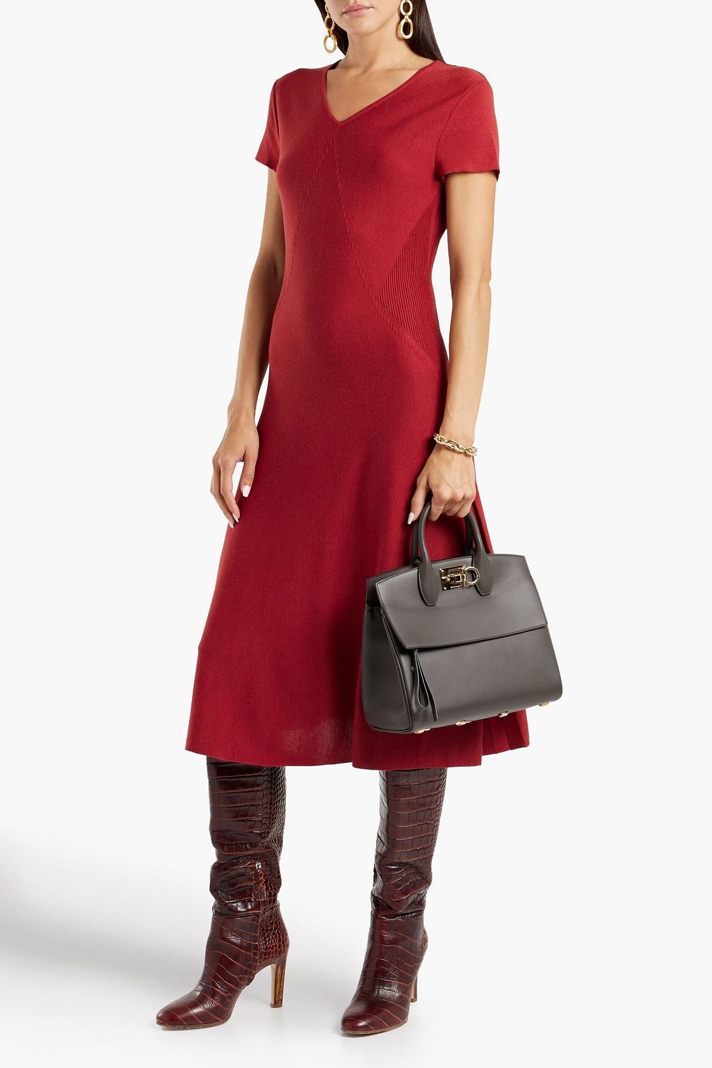FERRAGAMO Pleated wool and silk-blend midi dress
