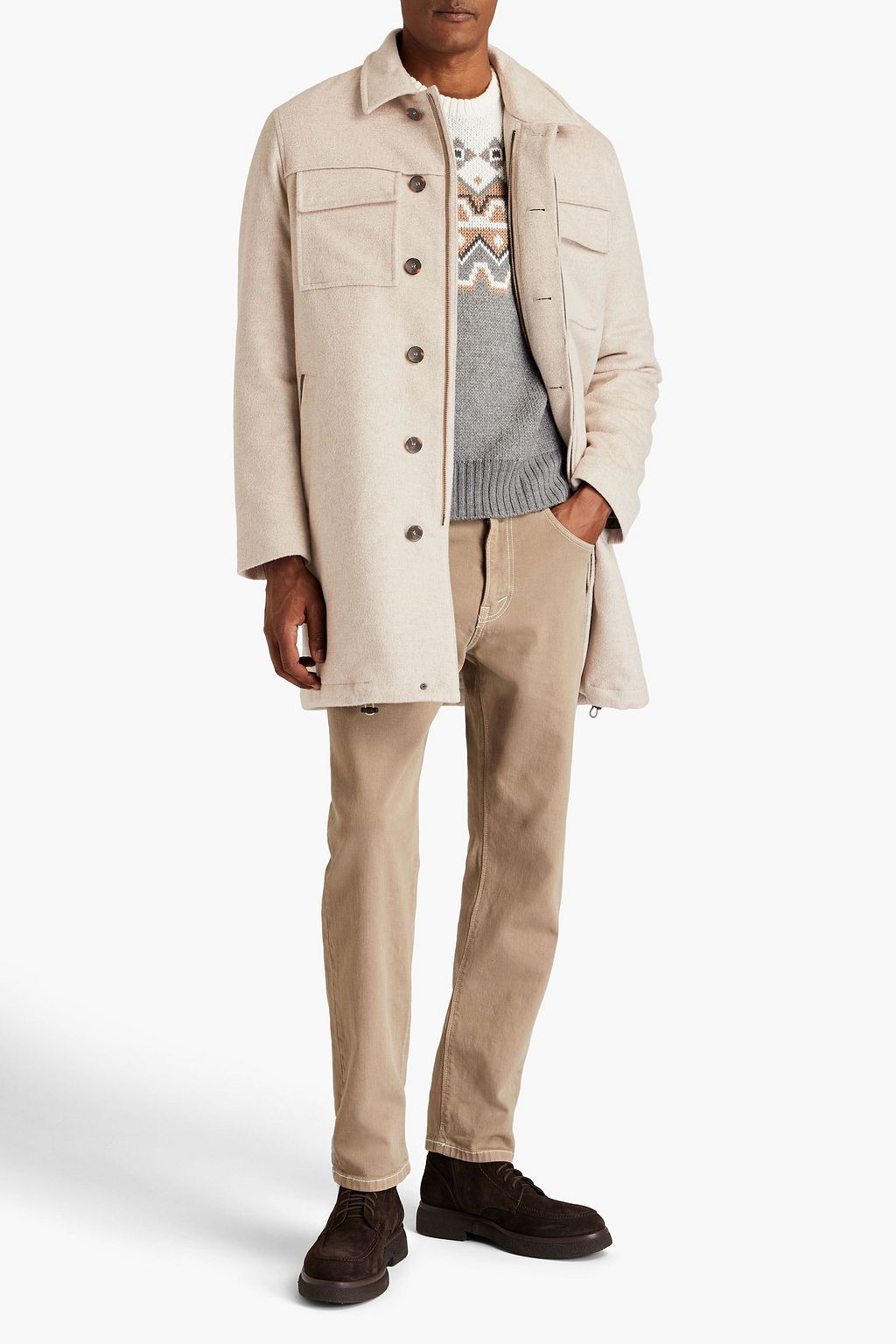 CANALI Leather-trimmed cashmere-felt coat